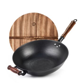 WANGYUANJI Traditional-Style Flat-Bottom Wok (32cm) + Wooden Lid