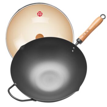 WANGYUANJI Spun Refined Iron Wok (33cm) + Glass Lid